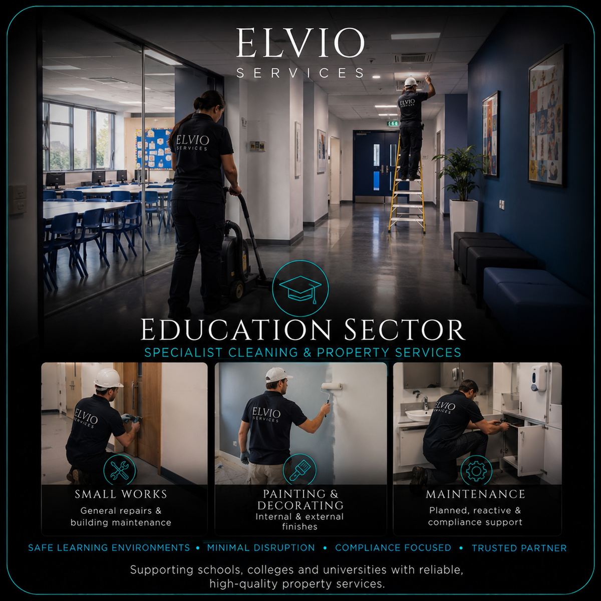 Elvio Services education sector specialist cleaning and property services for schools, colleges and universities