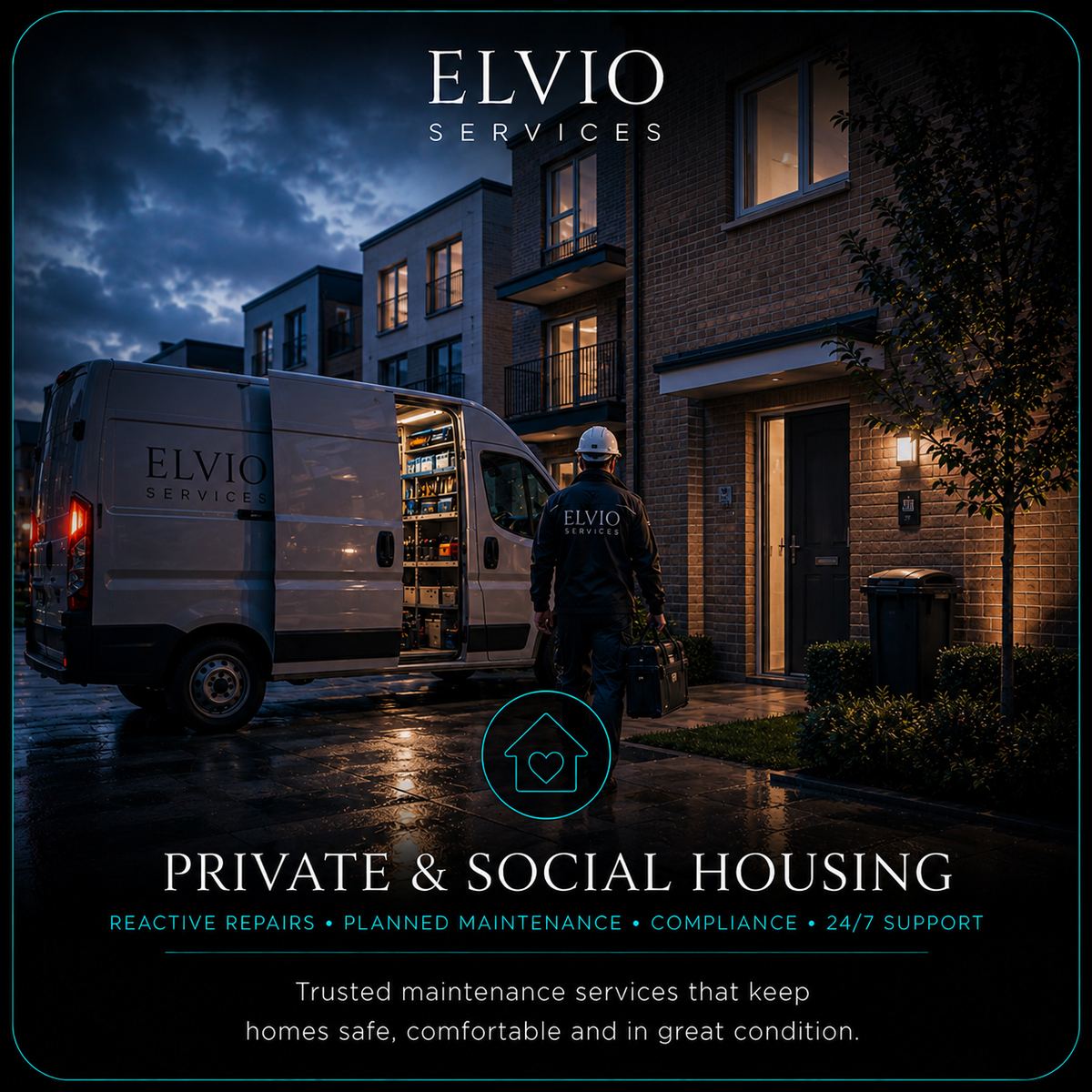 Elvio Services private and social housing — reactive repairs, planned maintenance, compliance, 24/7 support
