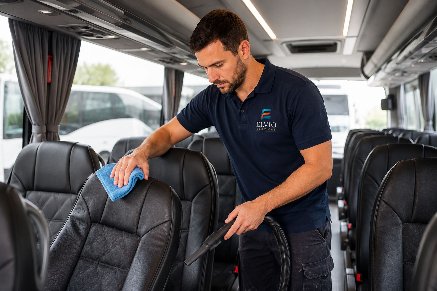 Elvio Services regulated cleaning technician detailing a coach interior