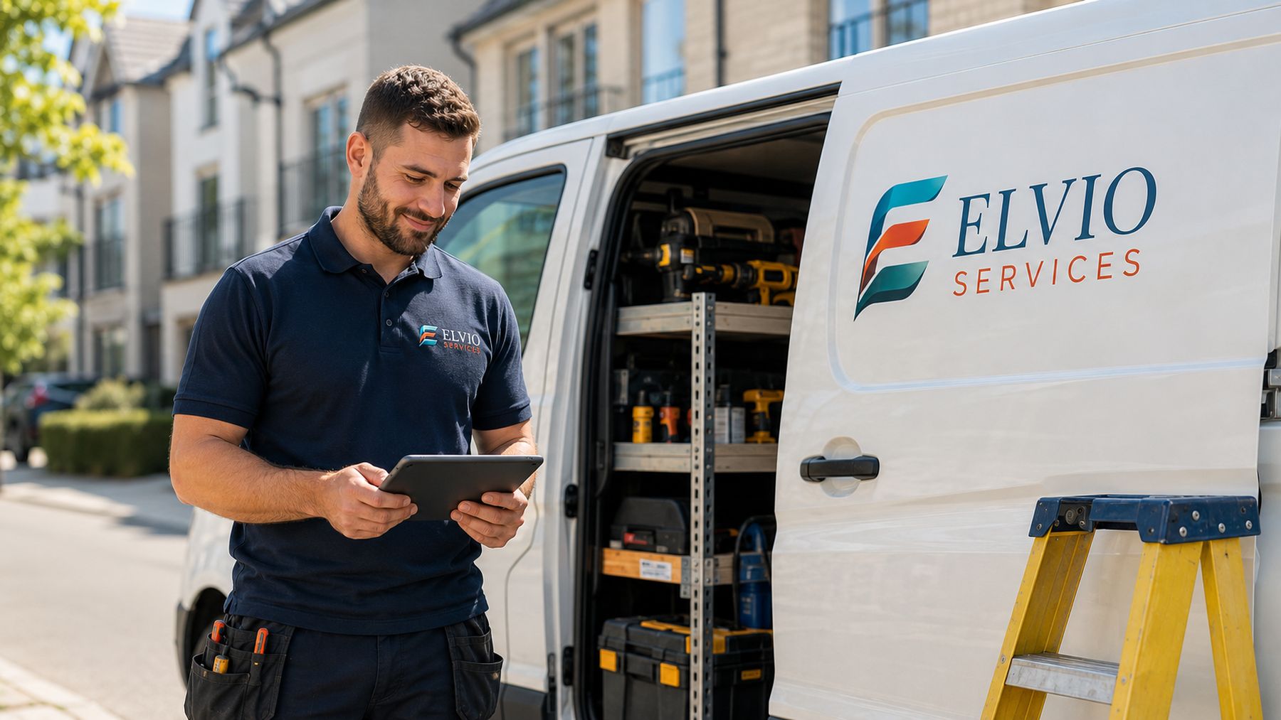 Elvio Services technician checking a job on a tablet beside the branded works van
