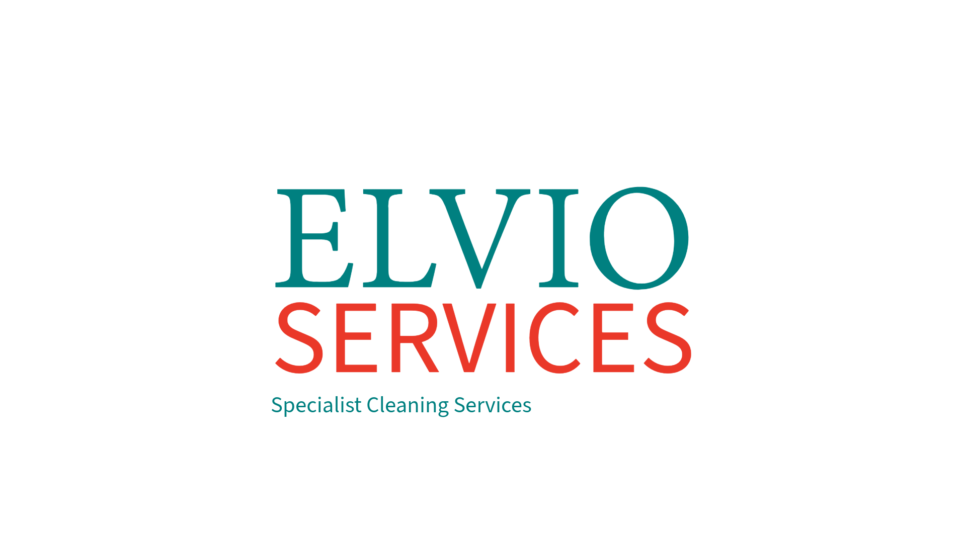 ELVIO SERVICES logo with ‘ELVIO’ in teal uppercase serif font above ‘SERVICES’ in orange uppercase sans-serif font, with the tagline ‘Specialist Cleaning Services’ in teal below, all on a black background